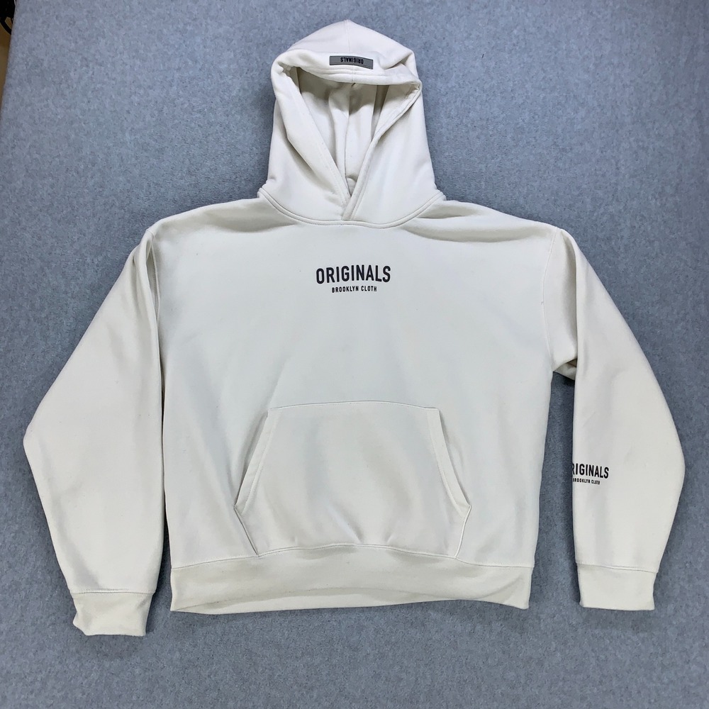 Brooklyn Cloth Originals Hoodie Mens Large Cream Fleece Pullover Logo Streetwear